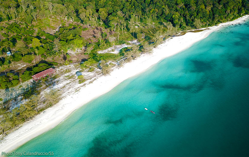 Aerial view of Cambodia's coast of Koh Rong island in the Gulf of Thailand