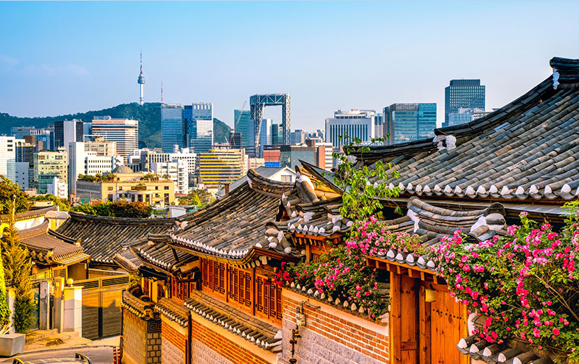 View of Seoul skyline from Hanok village Bukchon