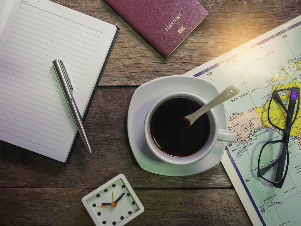 Travel planning illustration highlighting an exchange rate guarantee with a price fixed at booking in a stable and secure framework.