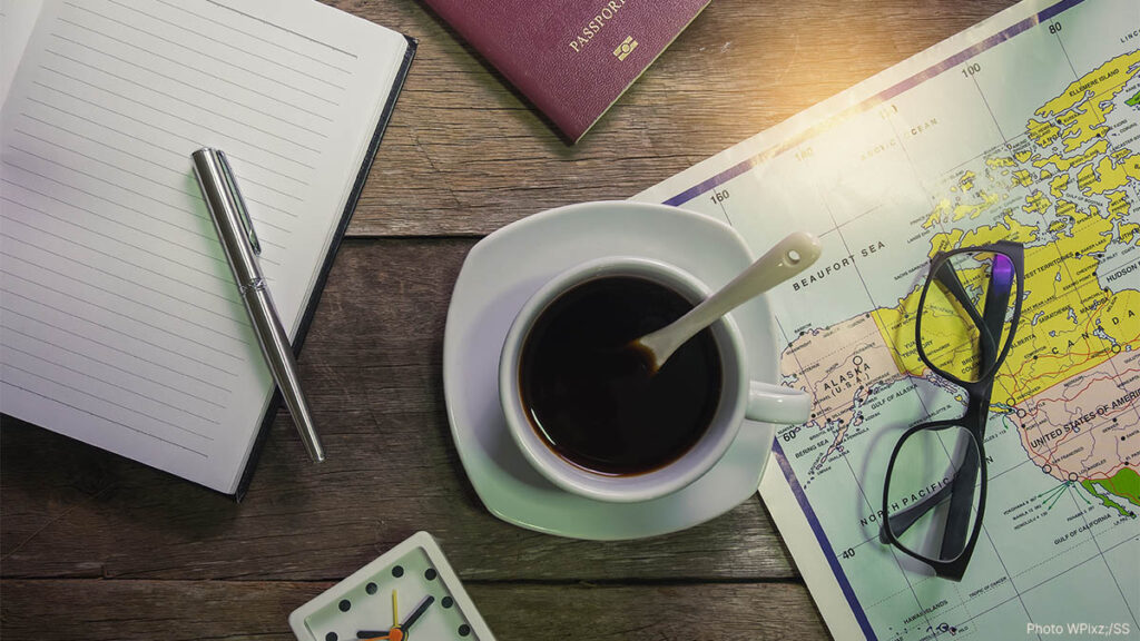 Travel planning illustration highlighting an exchange rate guarantee with a price fixed at booking in a stable and secure framework.