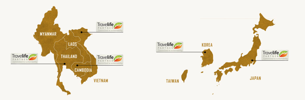 Map of Asia My Way destinations highlighting Travelife Partner certified countries in 2025–January 2026 (Cambodia, Thailand, Vietnam, South Korea and Japan).