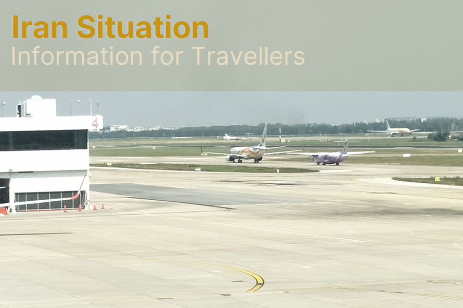 Airport runway with commercial aircraft, used to illustrate travel information regarding the situation in Iran