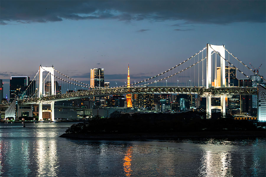 Tokyo skyline at blue hour with Rainbow Bridge and Tokyo Tower, Japan
