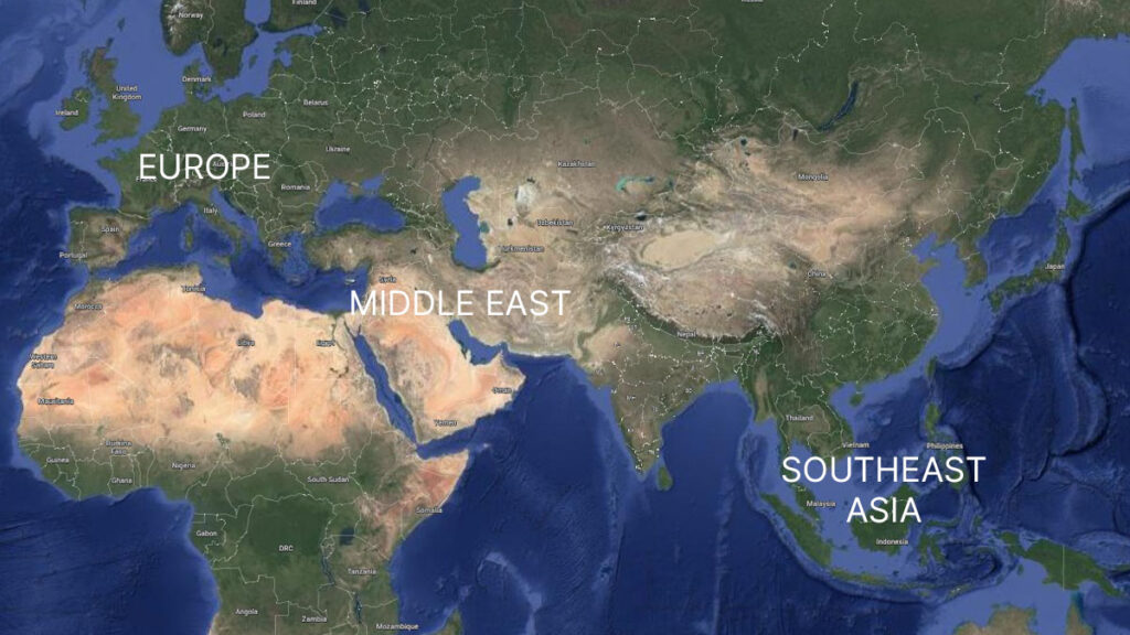 Map showing Europe, Iran and Southeast Asia to illustrate flight routes between Europe and Southeast Asia